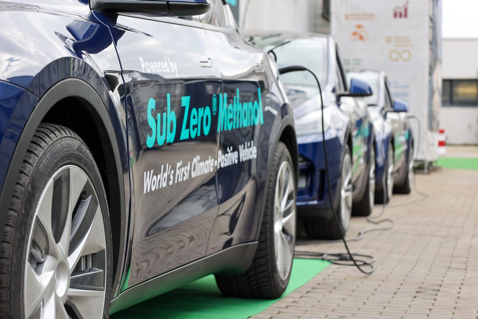 Vehicle lettered 'Powered by Sub Zero Methanol — World's First Climate-Positive Vehicle' at the Mannheim event