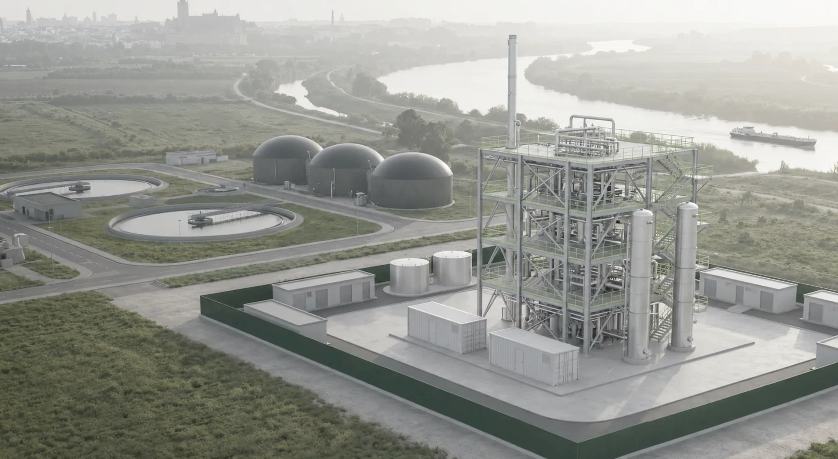 ICODOS e-methanol plant by the river at golden dusk