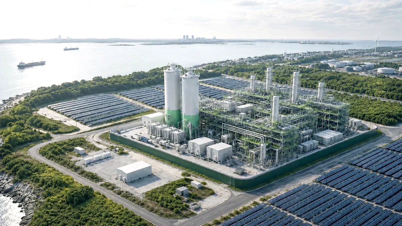 Planta de e-metanol a gran escala de ICODOS con campos solares junto al agua