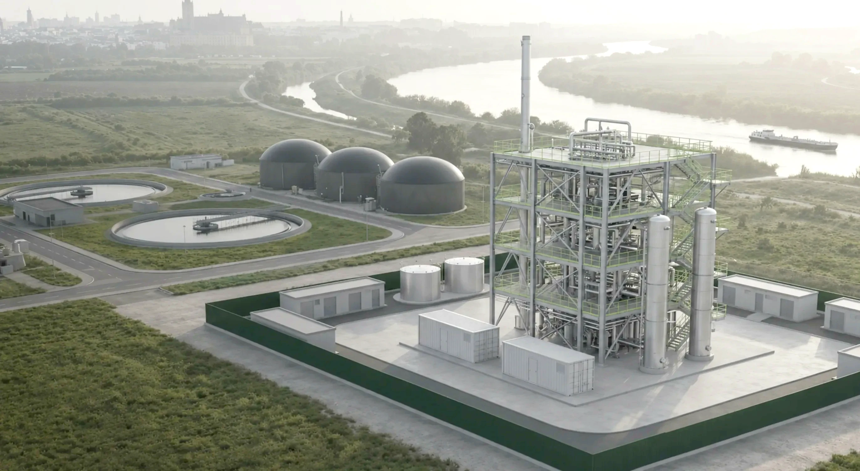 Planta de e-metanol de ICODOS junto al río al atardecer dorado